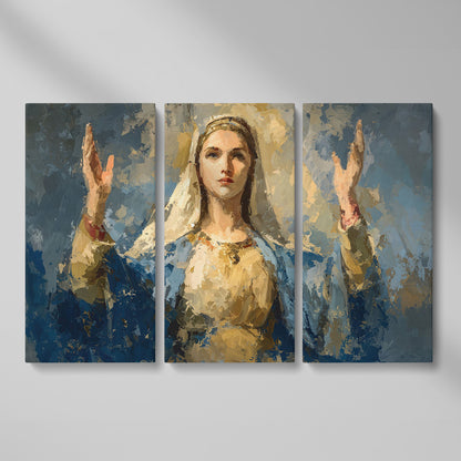 Virgin Mary in Prayer: Devotional Portrait Canvas Wall Art as 3-panel split version
