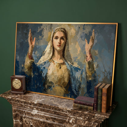 Virgin Mary in Prayer: Devotional Portrait Canvas Wall Art in antique gold floating frame