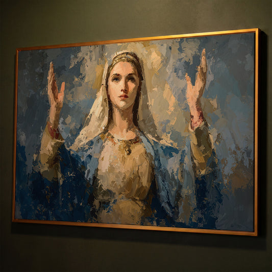 Virgin Mary in Prayer: Devotional Portrait Canvas Wall Art shown in antique gold floating frame