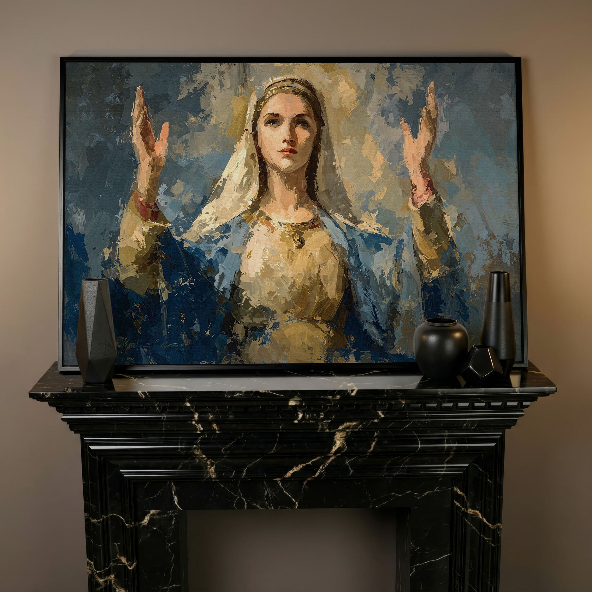 Virgin Mary in Prayer: Devotional Portrait Canvas Wall Art in black floating frame