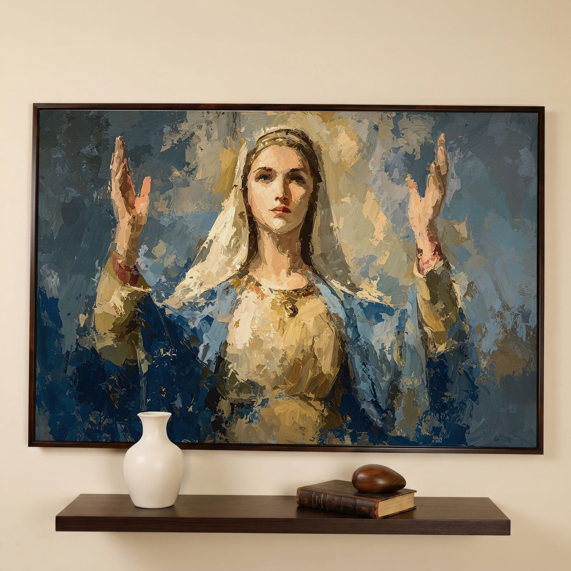 Virgin Mary in Prayer: Devotional Portrait Canvas Wall Art in dark walnut floating frame