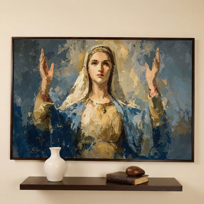 Virgin Mary in Prayer: Devotional Portrait Canvas Wall Art in dark walnut floating frame