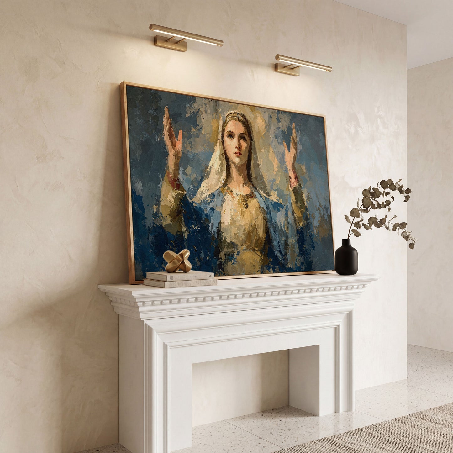 Virgin Mary in Prayer: Devotional Portrait Canvas Wall Art in white oak floating frame