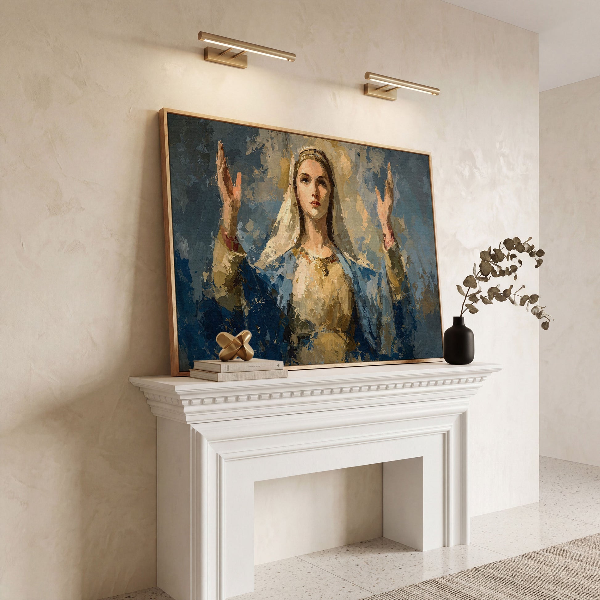 Virgin Mary in Prayer: Devotional Portrait Canvas Wall Art in white oak floating frame
