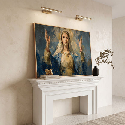 Virgin Mary in Prayer: Devotional Portrait Canvas Wall Art in white oak floating frame