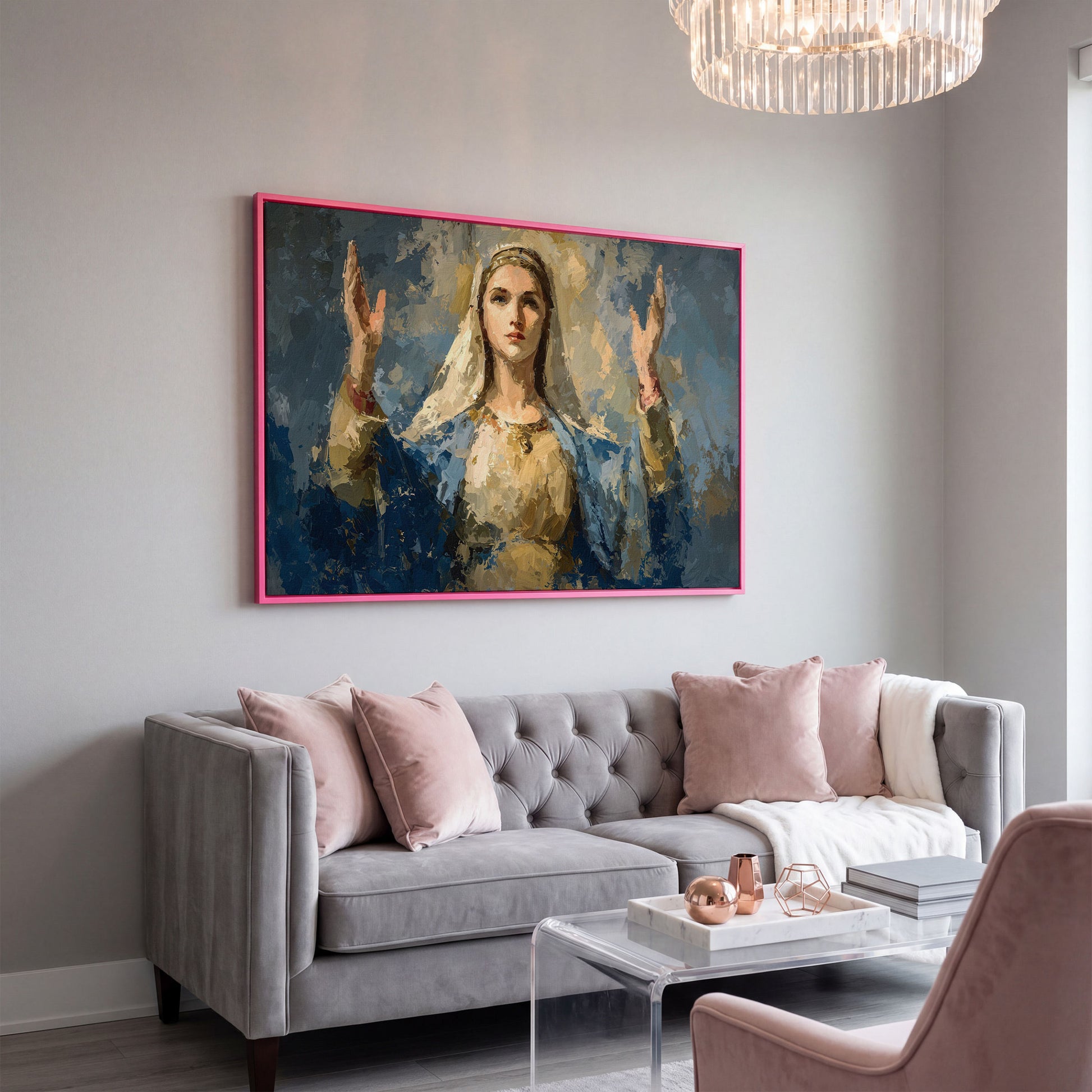 Virgin Mary in Prayer: Devotional Portrait Canvas Wall Art in pink floating frame