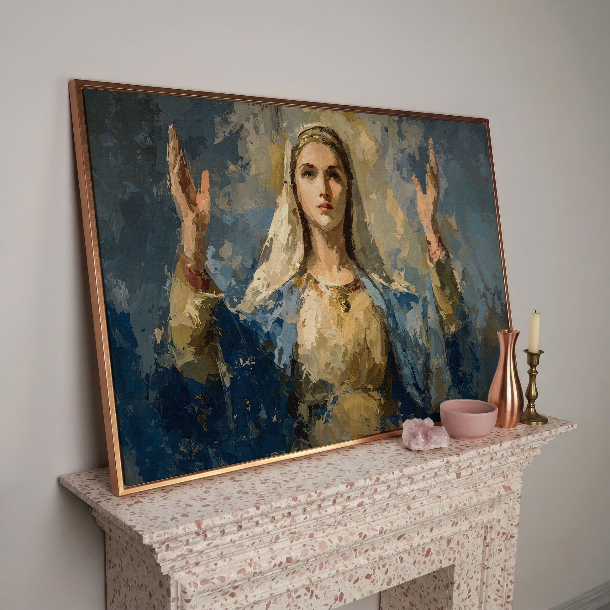 Virgin Mary in Prayer: Devotional Portrait Canvas Wall Art in rose gold floating frame