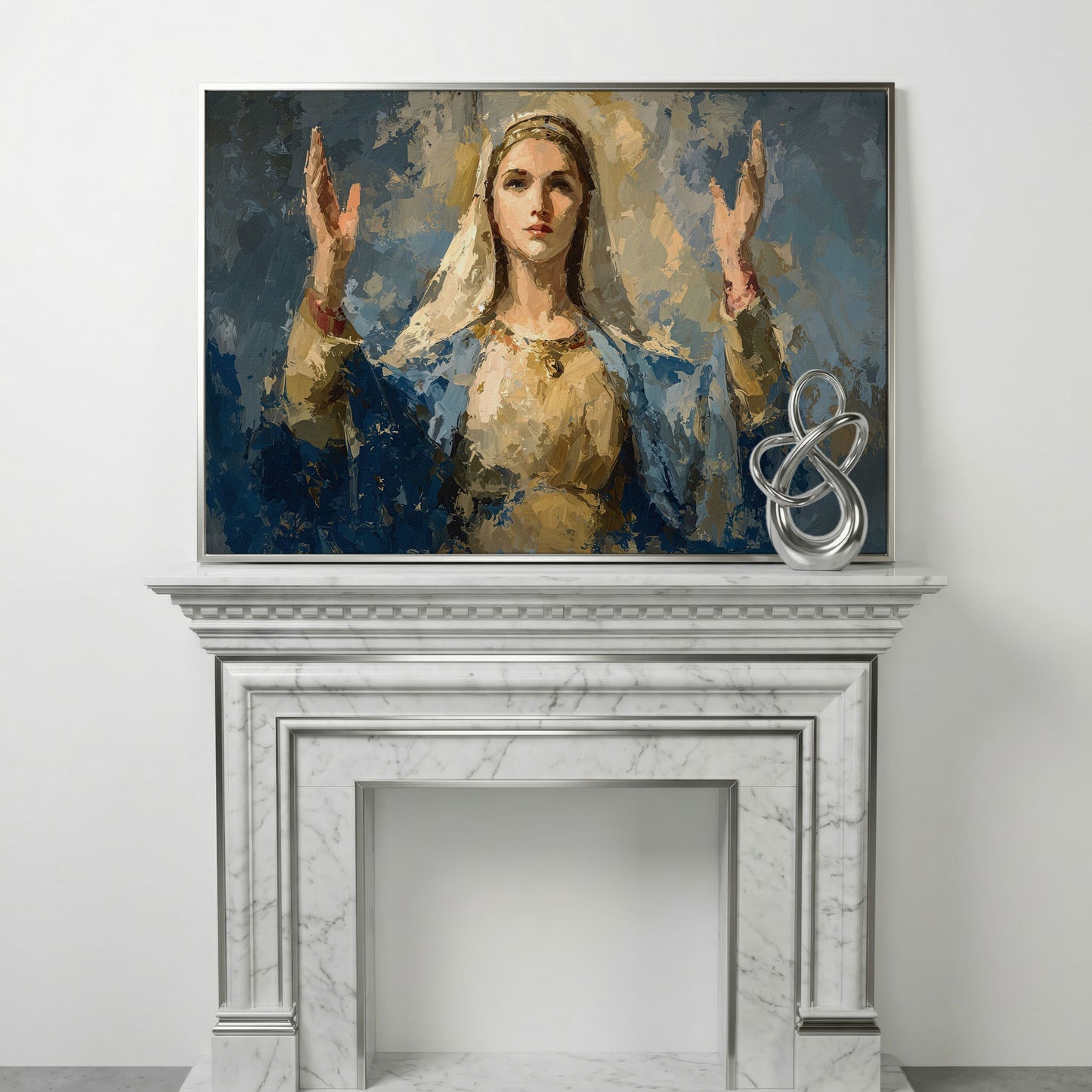 Virgin Mary in Prayer: Devotional Portrait Canvas Wall Art in silver floating frame