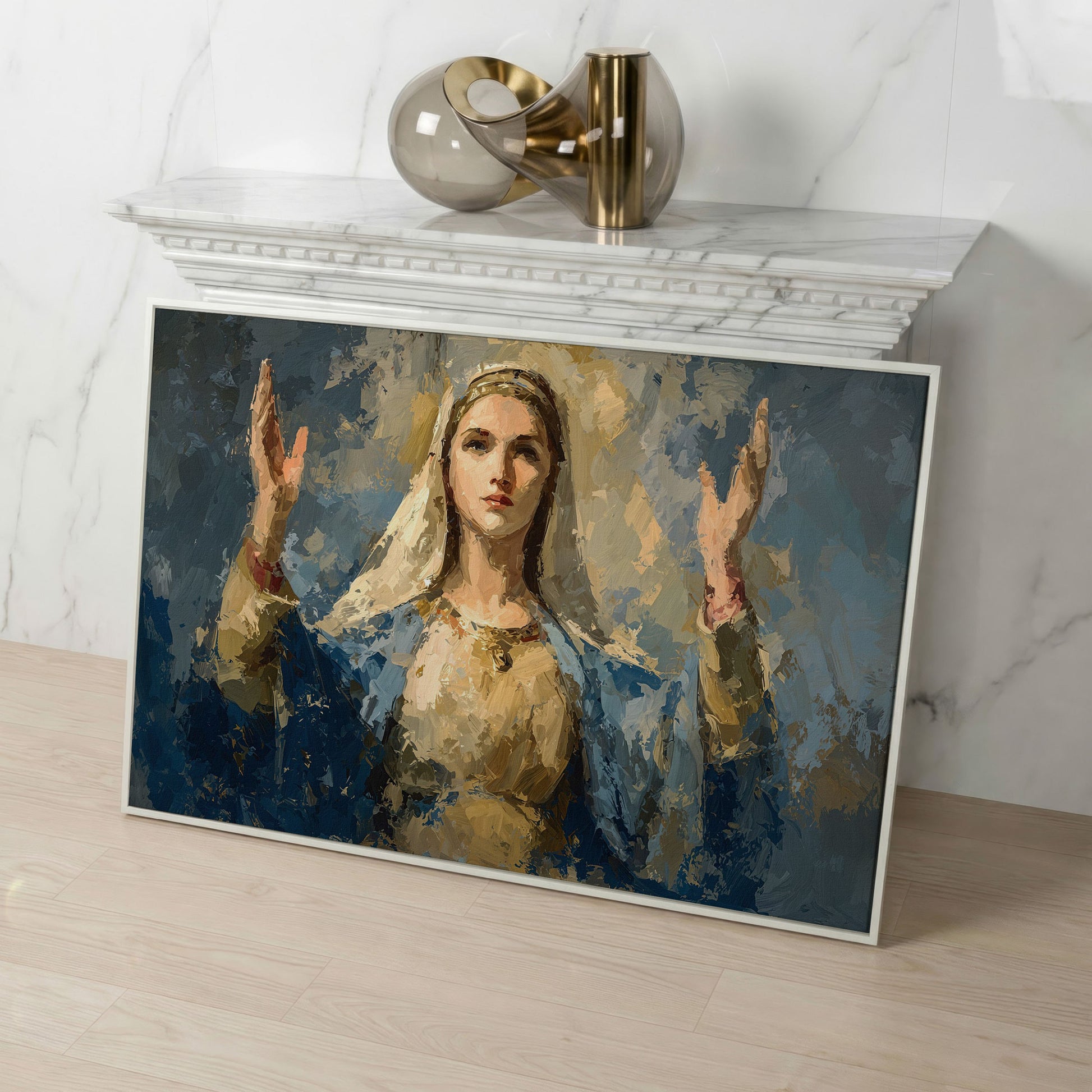 Virgin Mary in Prayer: Devotional Portrait Canvas Wall Art in white floating frame