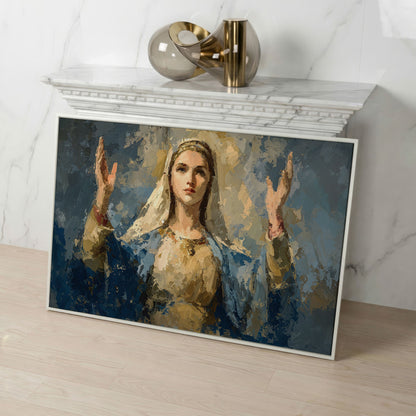 Virgin Mary in Prayer: Devotional Portrait Canvas Wall Art in white floating frame