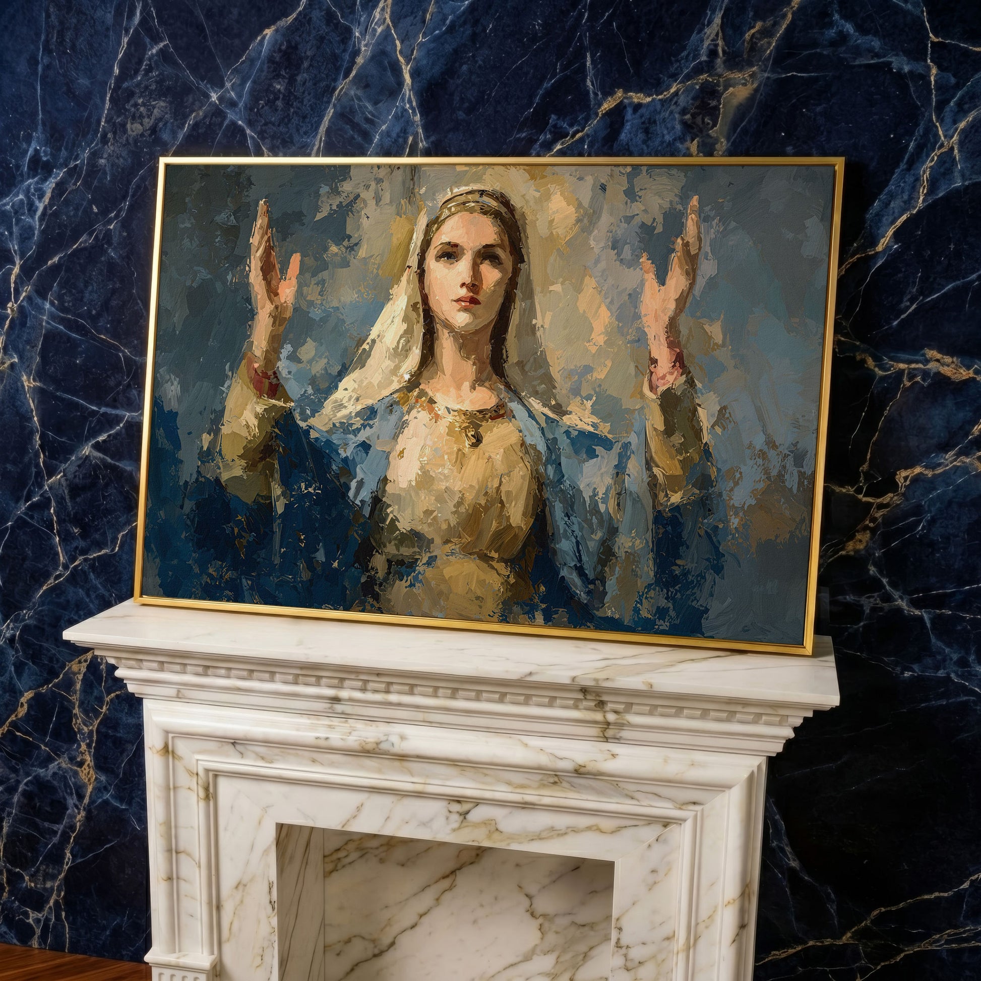 Virgin Mary in Prayer: Devotional Portrait Canvas Wall Art in yellow gold floating frame