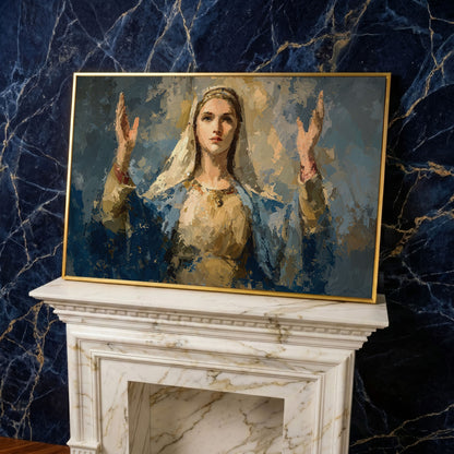 Virgin Mary in Prayer: Devotional Portrait Canvas Wall Art in yellow gold floating frame