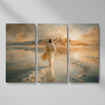 Jesus Walking on Water Canvas Art, Large Christian Wall Print as 3-panel split version