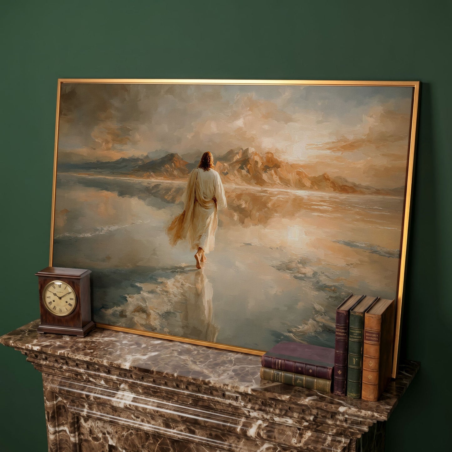 Jesus Walking on Water Canvas Art, Large Christian Wall Print in antique gold floating frame