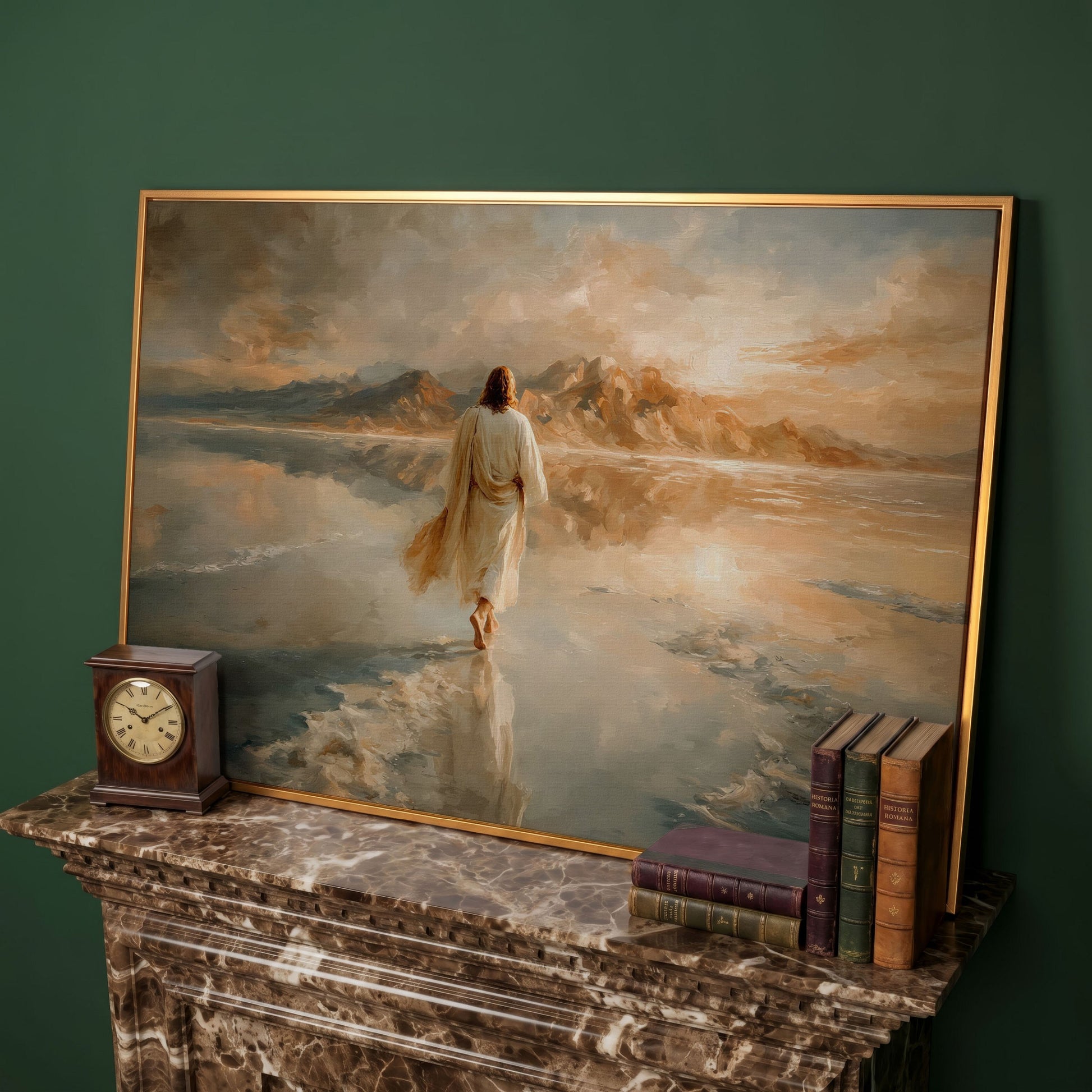 Jesus Walking on Water Canvas Art, Large Christian Wall Print in antique gold floating frame