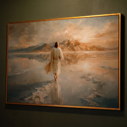 Jesus Walking on Water Canvas Art, Large Christian Wall Print shown in antique gold floating frame
