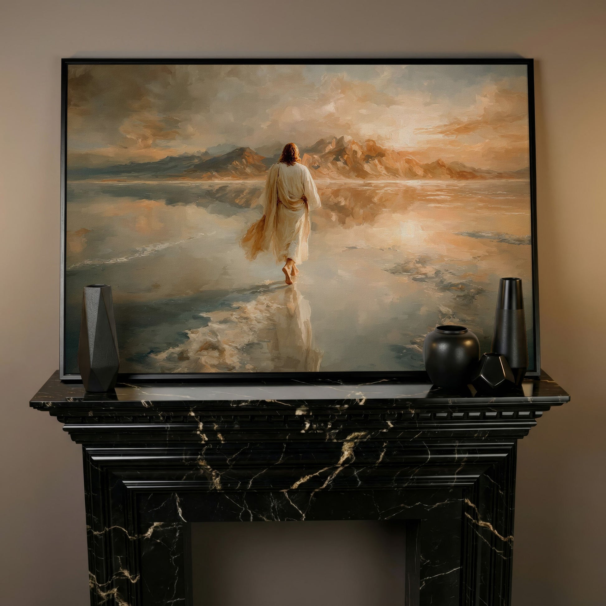 Jesus Walking on Water Canvas Art, Large Christian Wall Print in black floating frame