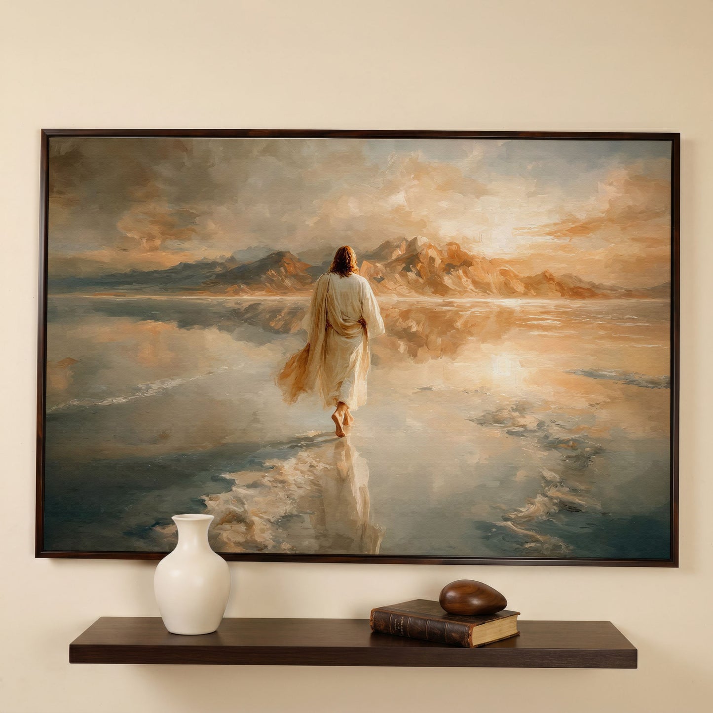 Jesus Walking on Water Canvas Art, Large Christian Wall Print in dark walnut floating frame