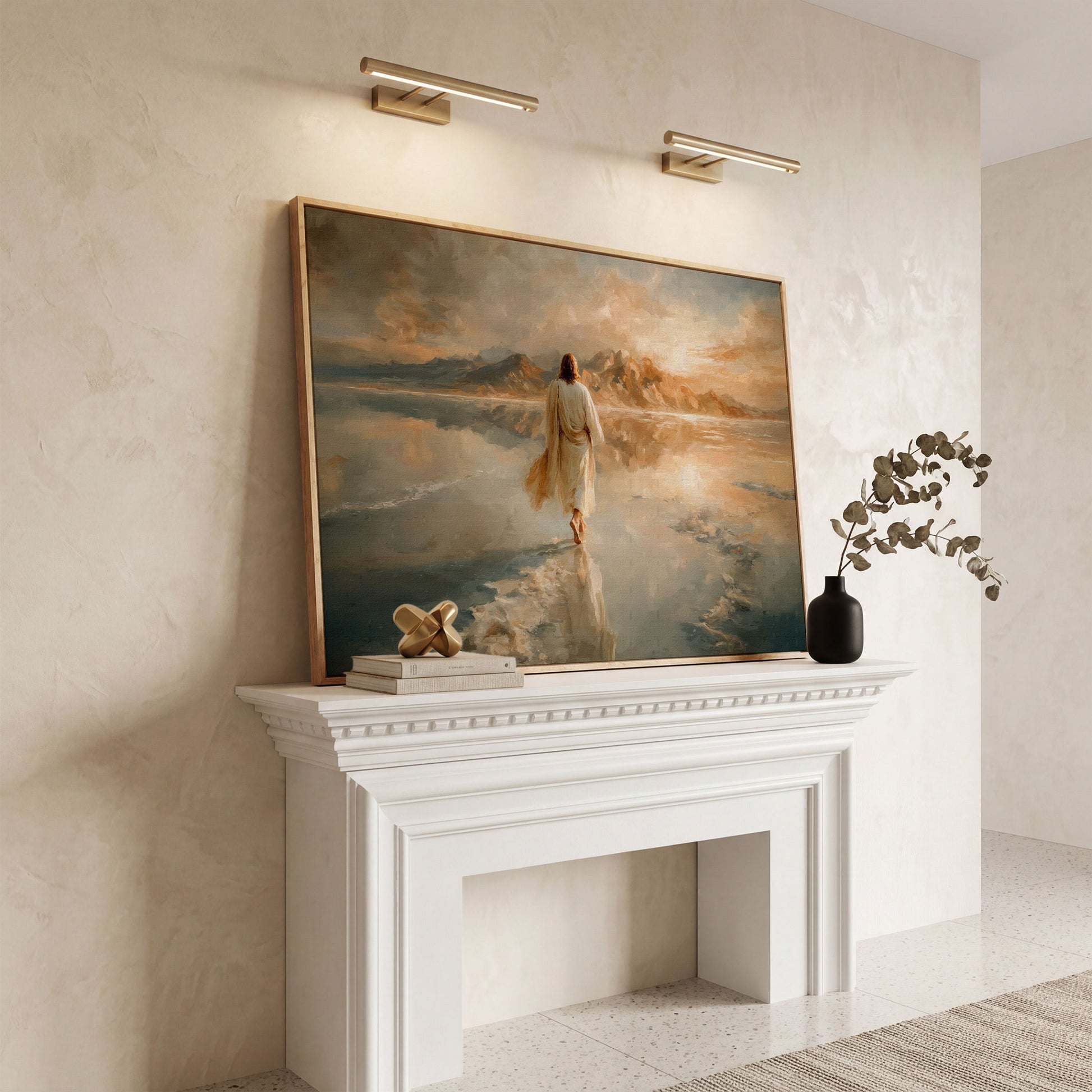 Jesus Walking on Water Canvas Art, Large Christian Wall Print in white oak floating frame