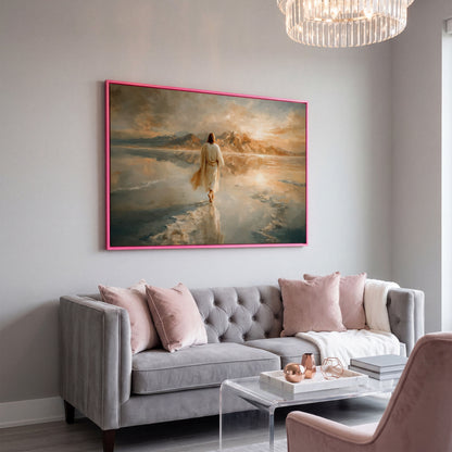 Jesus Walking on Water Canvas Art, Large Christian Wall Print in pink floating frame