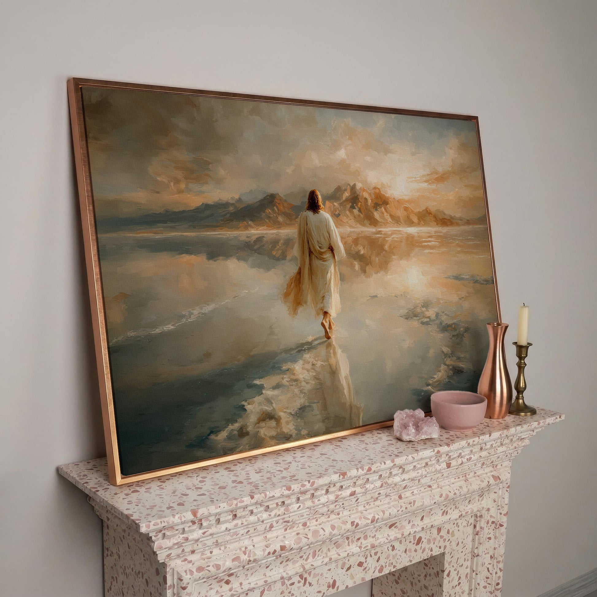 Jesus Walking on Water Canvas Art, Large Christian Wall Print in rose gold floating frame