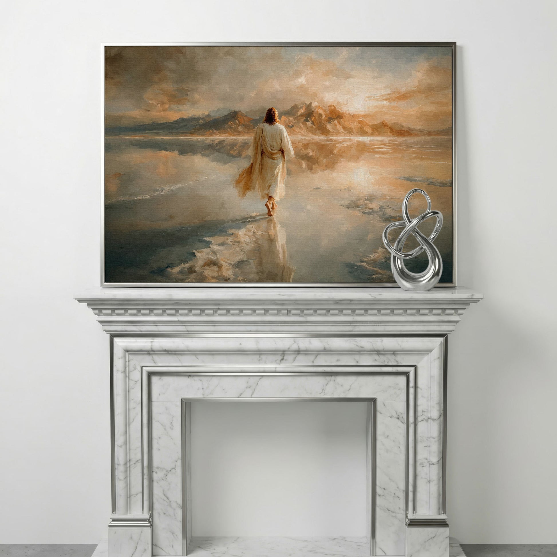 Jesus Walking on Water Canvas Art, Large Christian Wall Print in silver floating frame