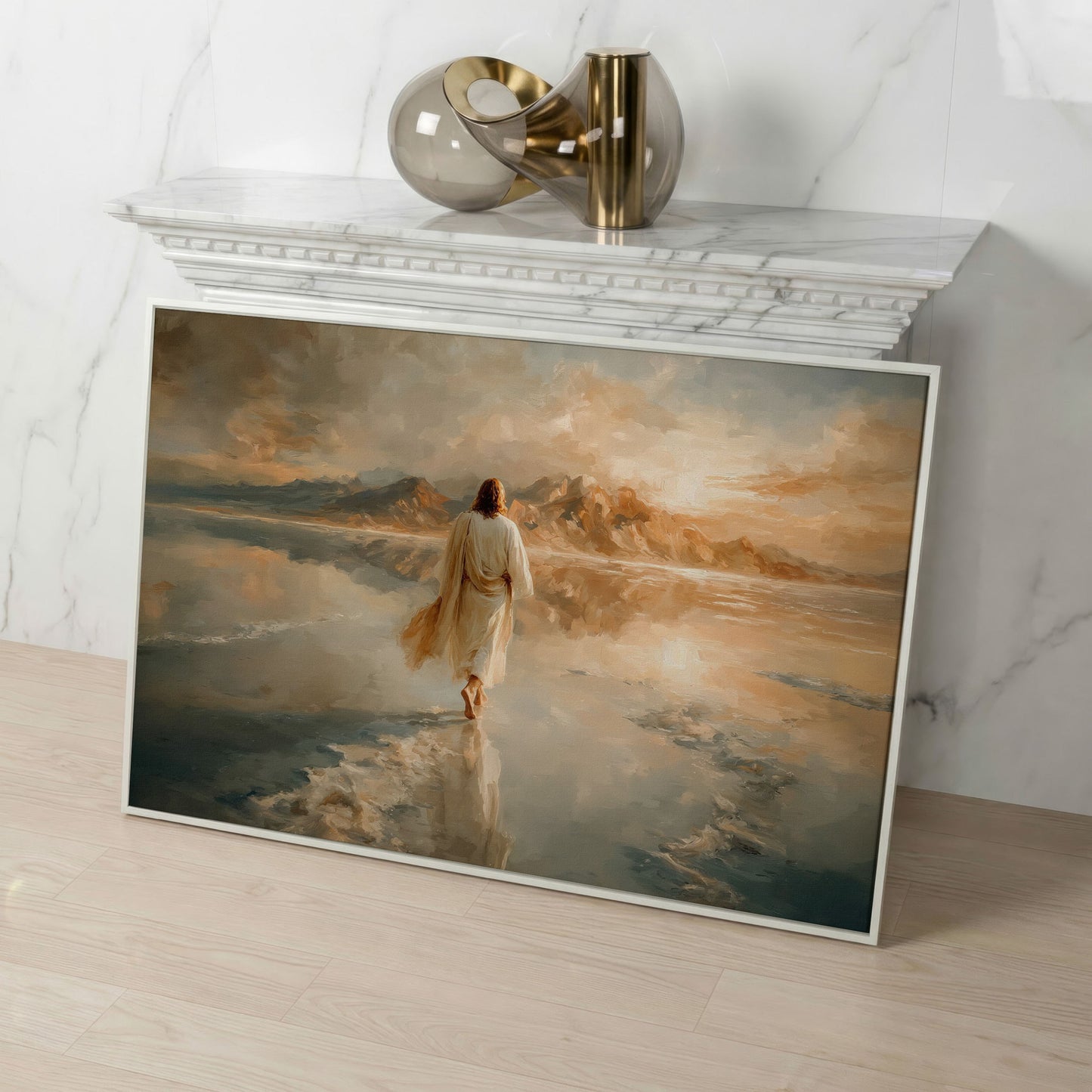 Jesus Walking on Water Canvas Art, Large Christian Wall Print in white floating frame