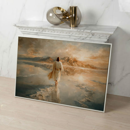 Jesus Walking on Water Canvas Art, Large Christian Wall Print in white floating frame