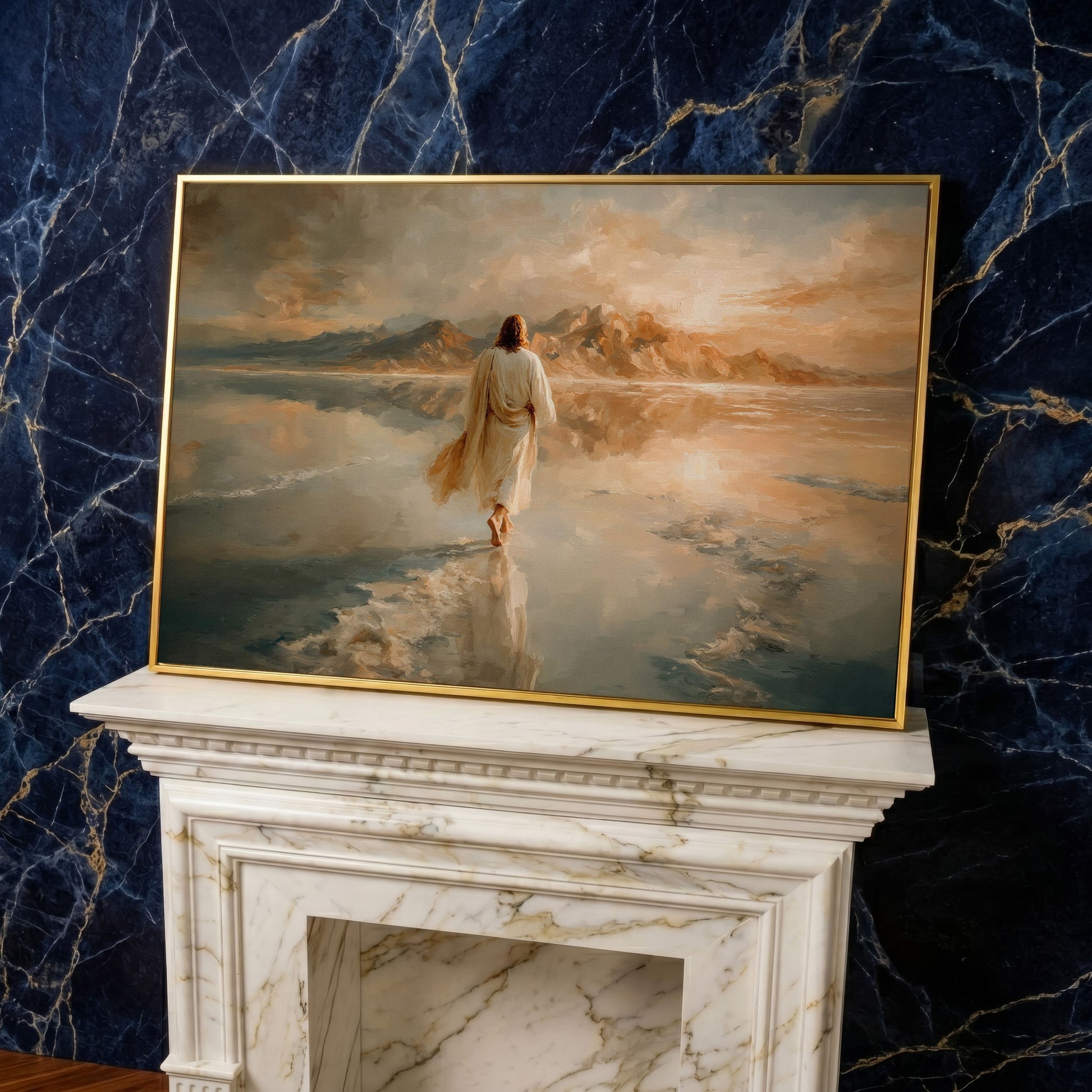 Jesus Walking on Water Canvas Art, Large Christian Wall Print in yellow gold floating frame