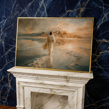 Jesus Walking on Water Canvas Art, Large Christian Wall Print in yellow gold floating frame
