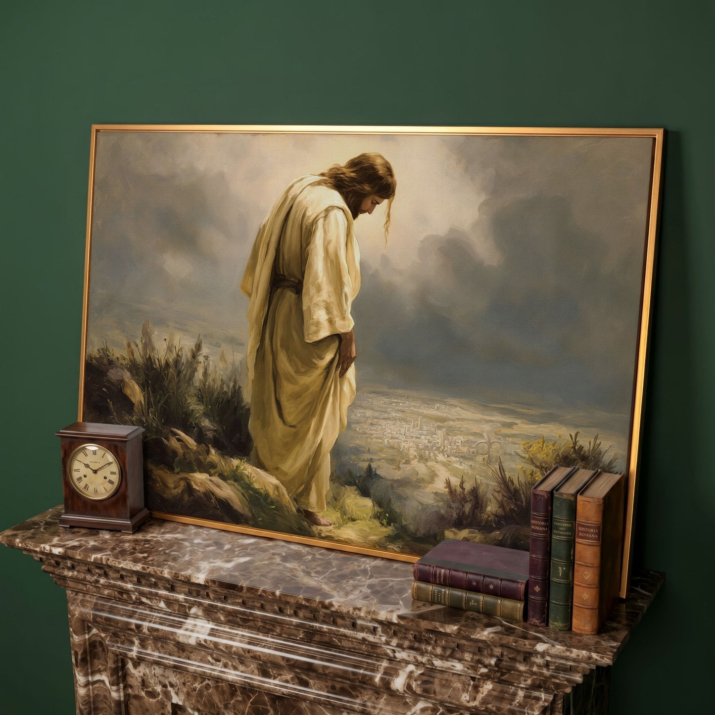 Jesus Overlooking Jerusalem Canvas Wall Art in antique gold floating frame