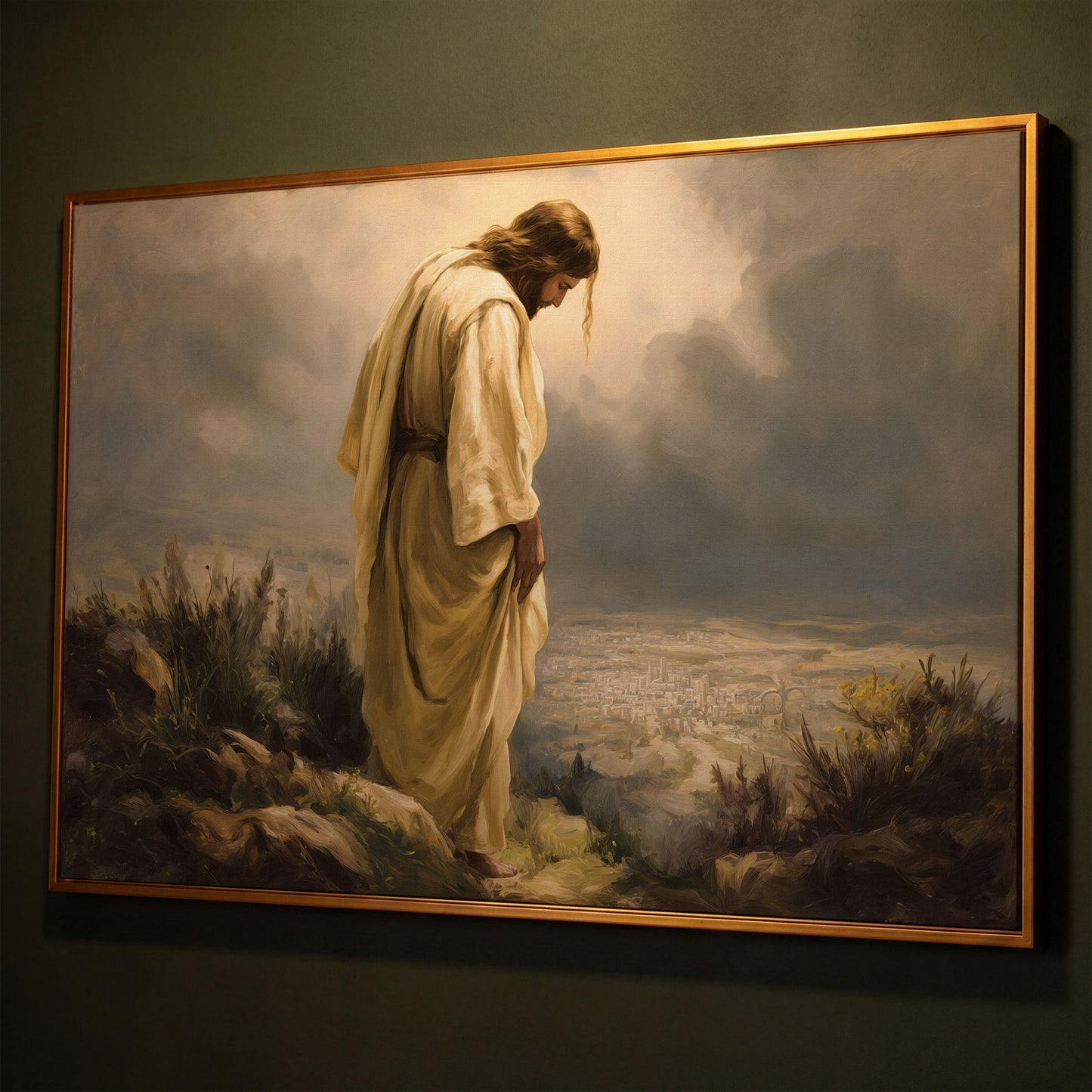 Jesus Overlooking Jerusalem Canvas Wall Art shown in antique gold floating frame