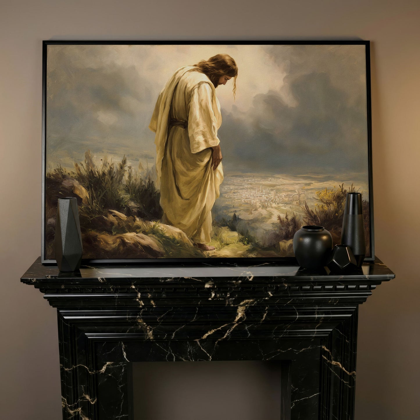 Jesus Overlooking Jerusalem Canvas Wall Art in black floating frame