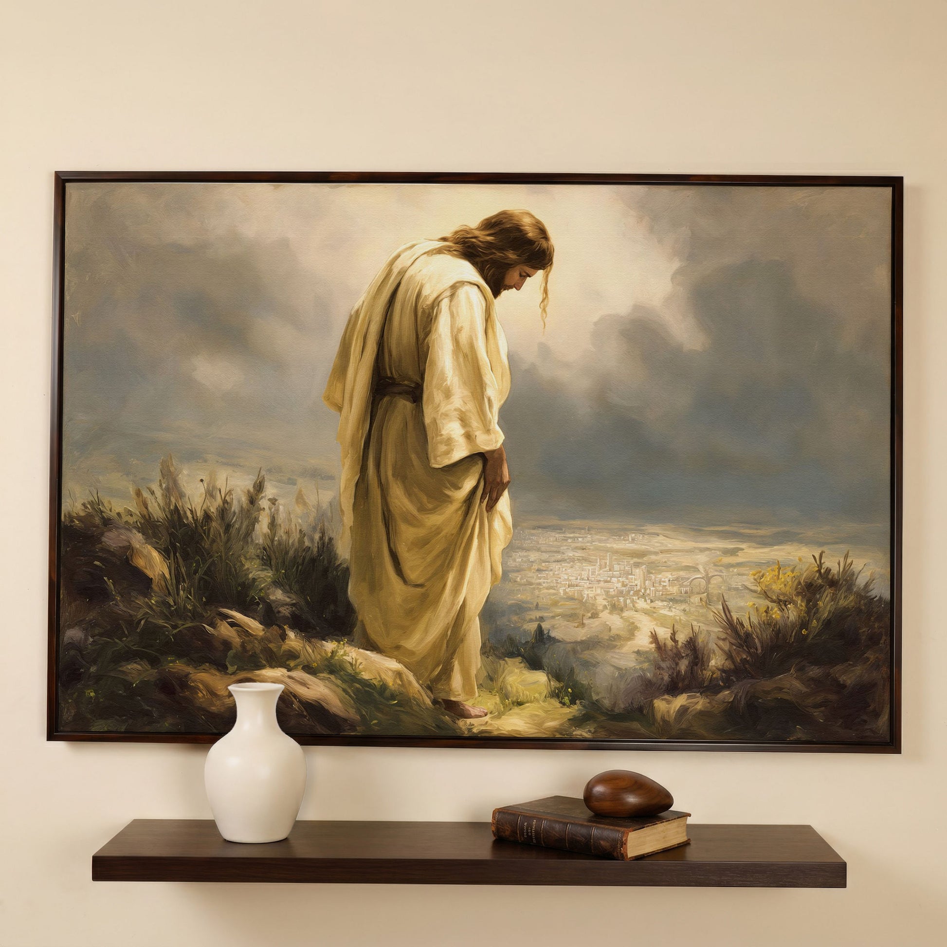 Jesus Overlooking Jerusalem Canvas Wall Art in dark walnut floating frame