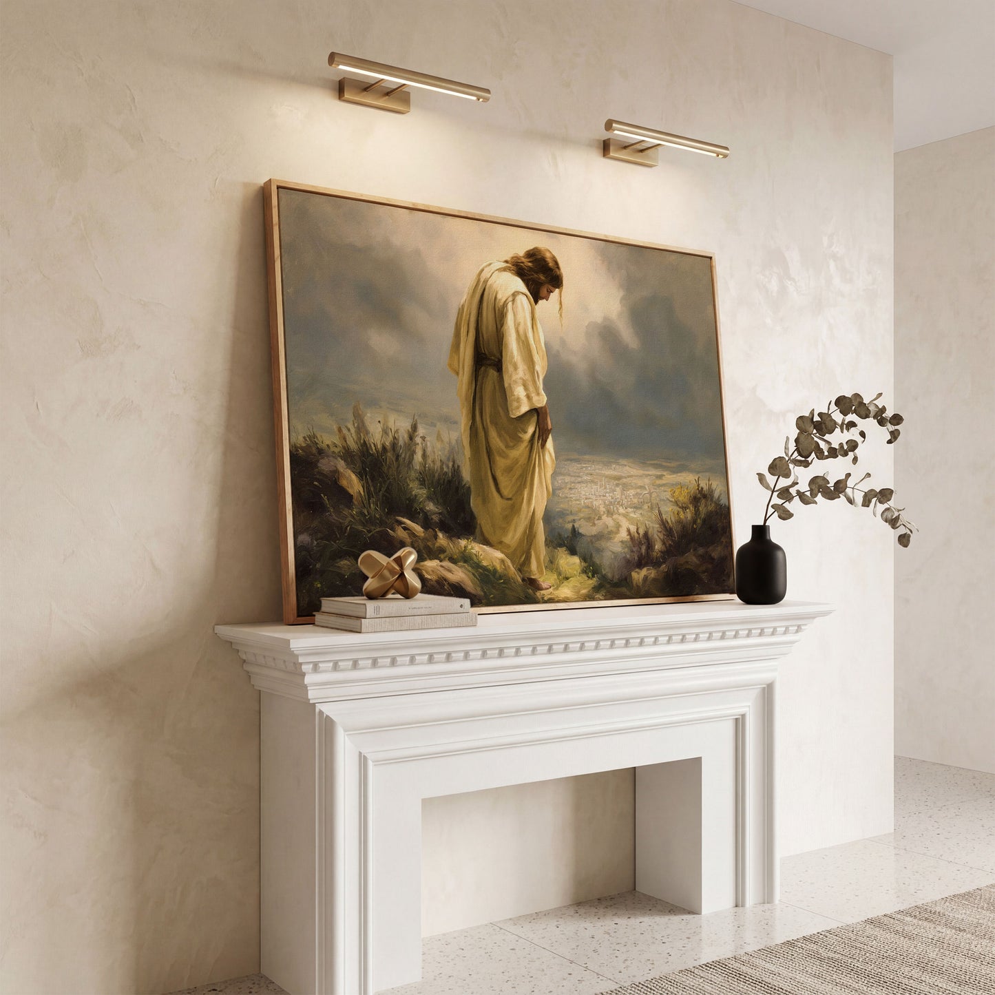 Jesus Overlooking Jerusalem Canvas Wall Art in white oak floating frame