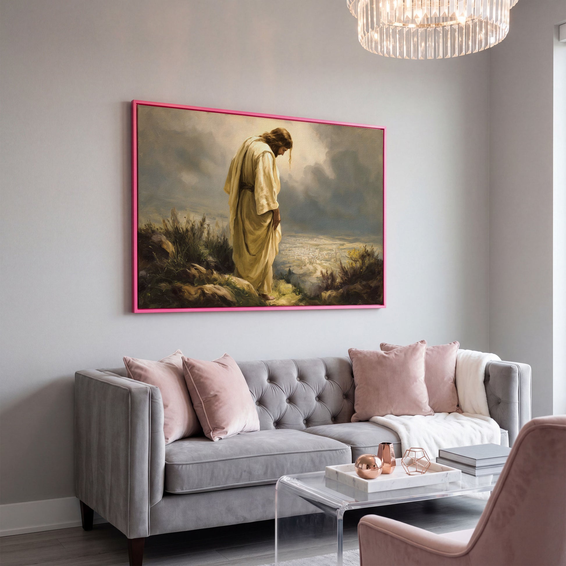 Jesus Overlooking Jerusalem Canvas Wall Art in pink floating frame