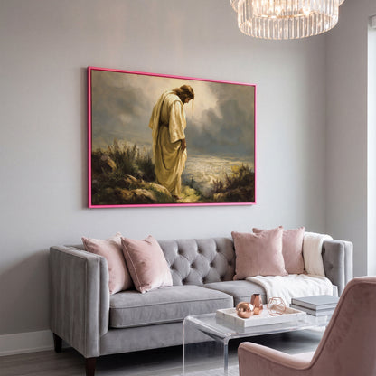 Jesus Overlooking Jerusalem Canvas Wall Art in pink floating frame