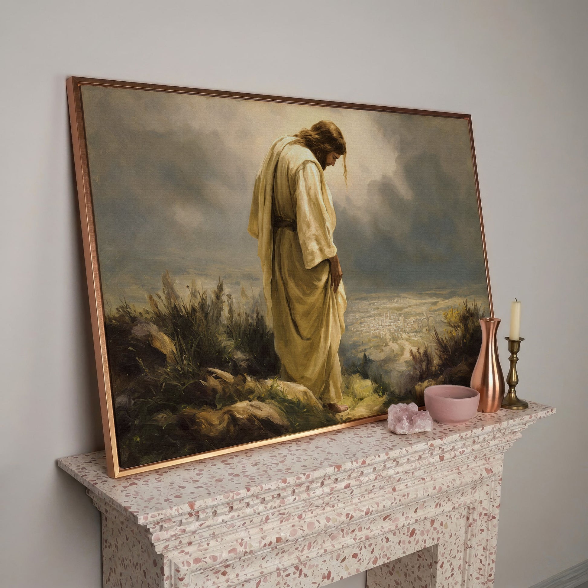 Jesus Overlooking Jerusalem Canvas Wall Art in rose gold floating frame