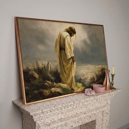 Jesus Overlooking Jerusalem Canvas Wall Art in rose gold floating frame