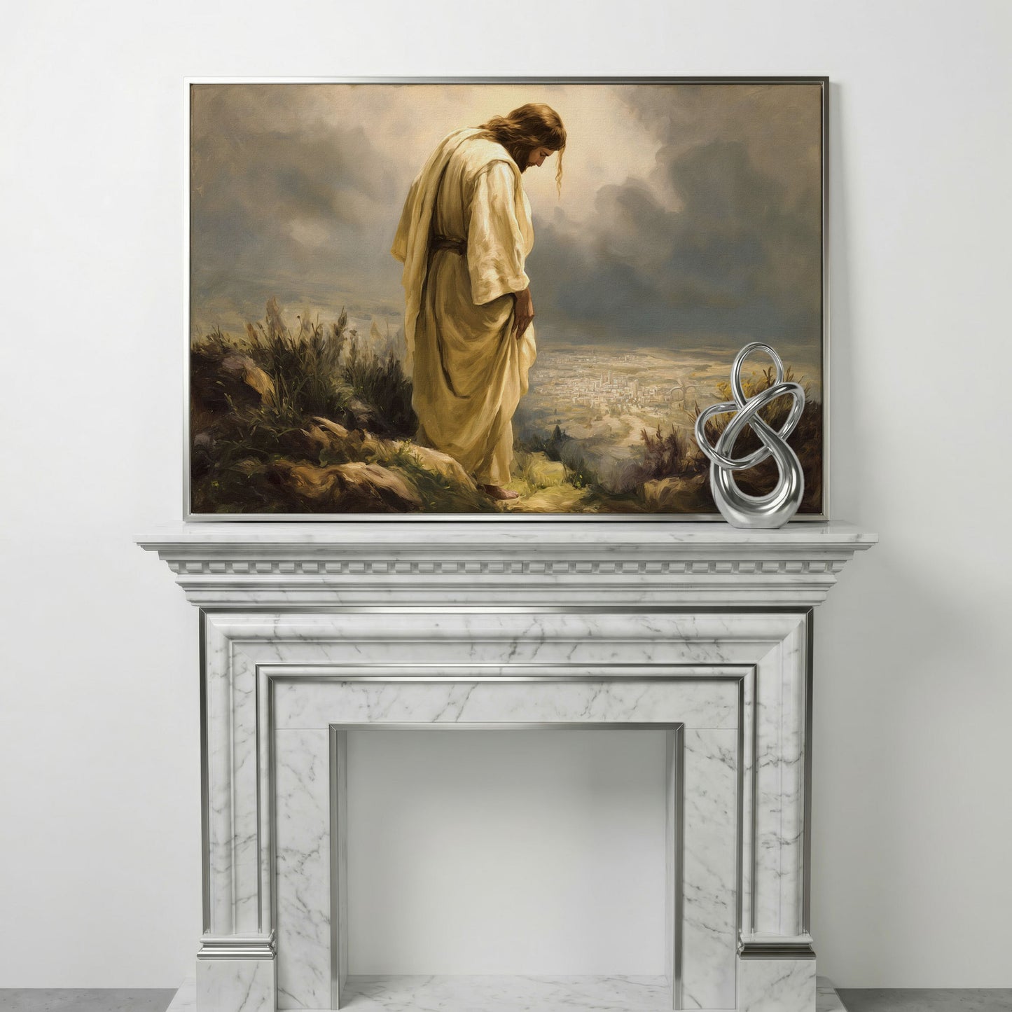 Jesus Overlooking Jerusalem Canvas Wall Art in silver floating frame
