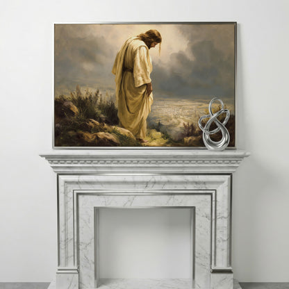 Jesus Overlooking Jerusalem Canvas Wall Art in silver floating frame