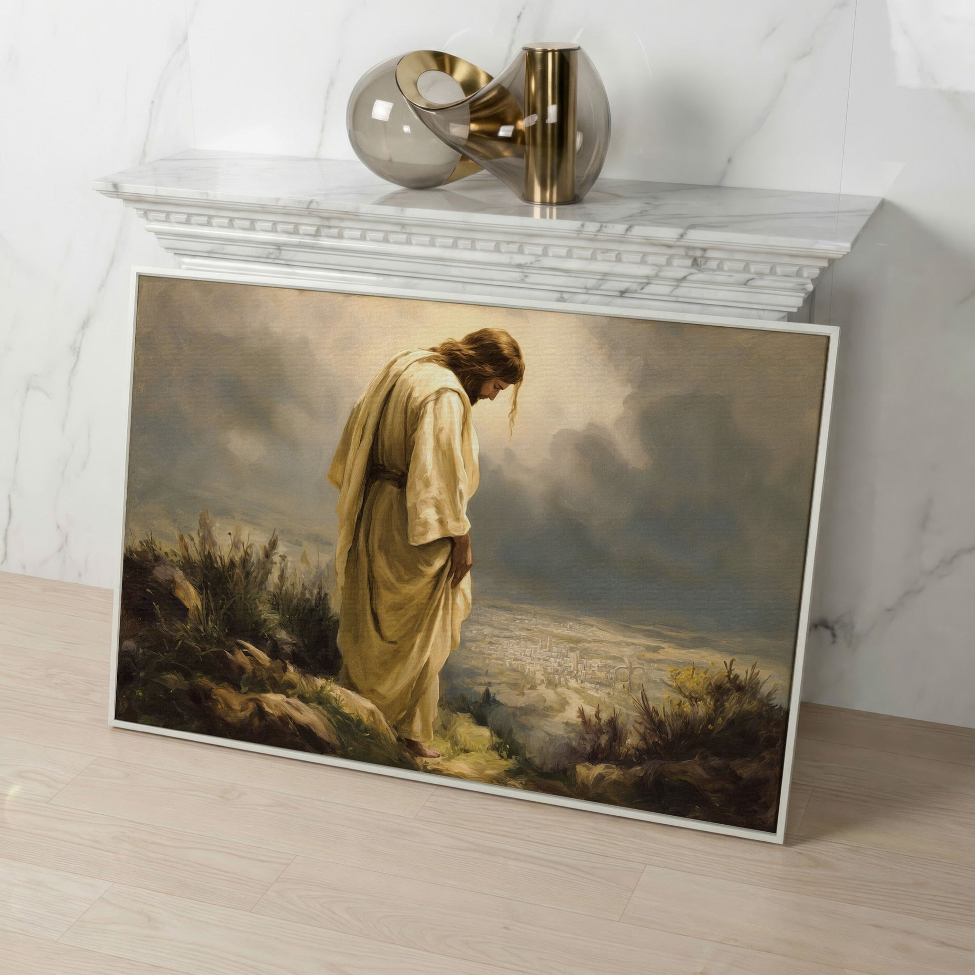 Jesus Overlooking Jerusalem Canvas Wall Art in white floating frame