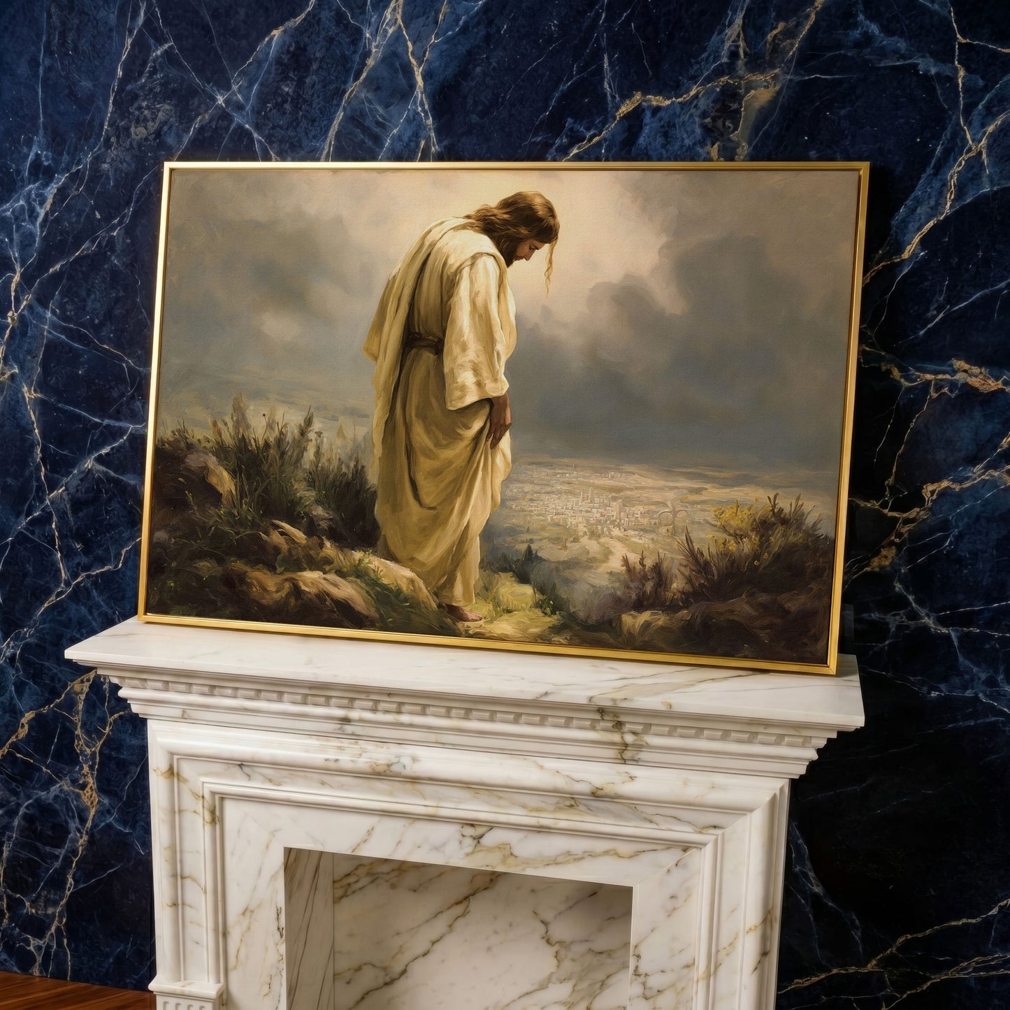 Jesus Overlooking Jerusalem Canvas Wall Art in yellow gold floating frame