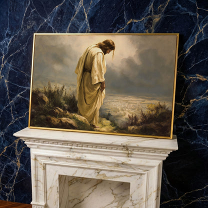 Jesus Overlooking Jerusalem Canvas Wall Art in yellow gold floating frame