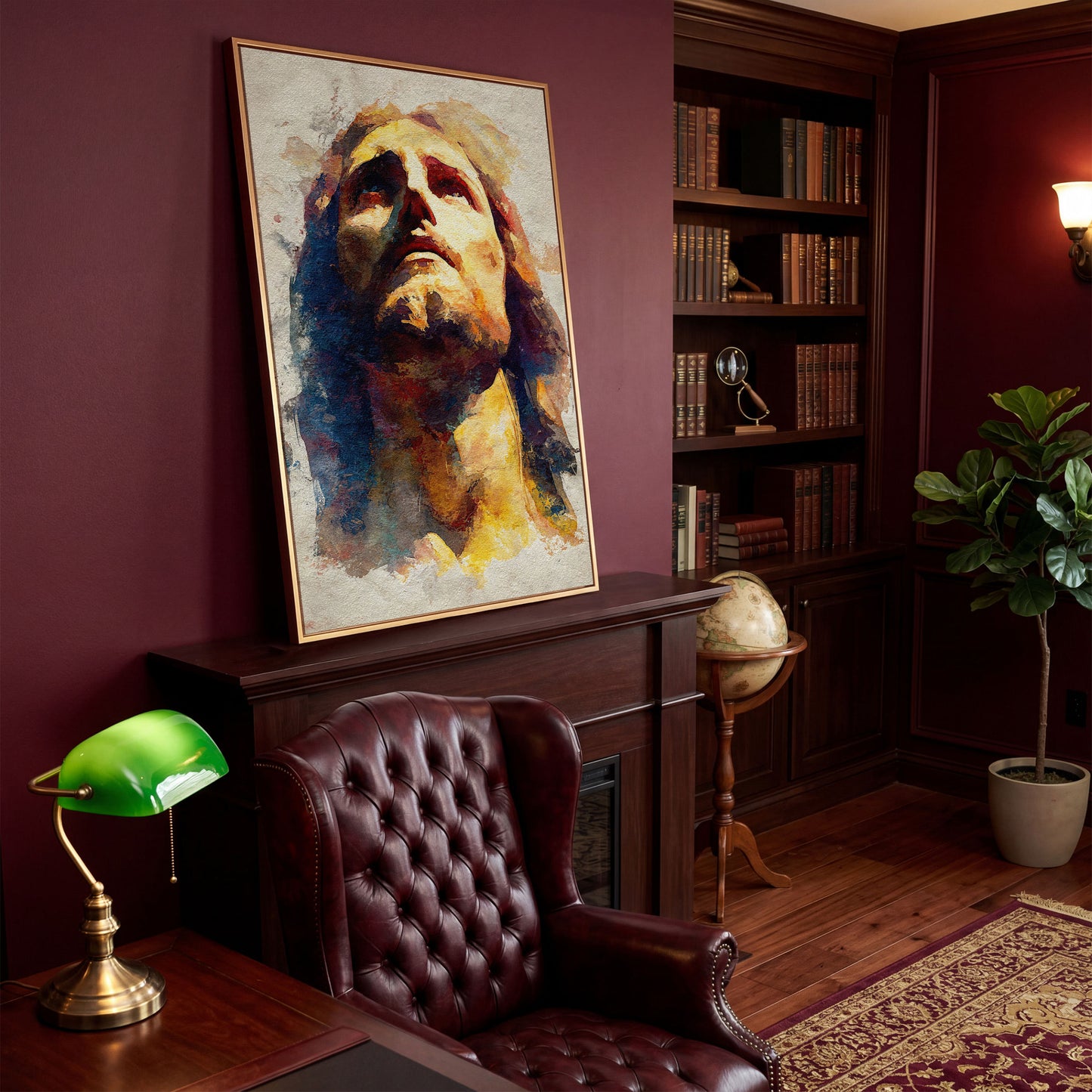 Watercolor Portrait of Jesus Christ Canvas Wall Art in antique gold floating frame