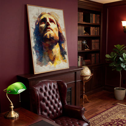 Watercolor Portrait of Jesus Christ Canvas Wall Art in antique gold floating frame