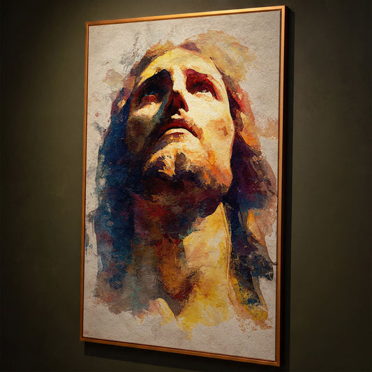 Watercolor Portrait of Jesus Christ Canvas Wall Art shown in antique gold floating frame