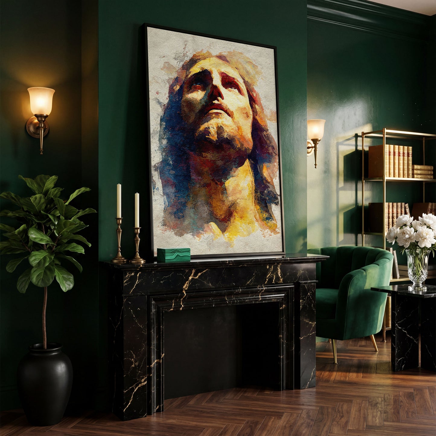 Watercolor Portrait of Jesus Christ Canvas Wall Art in black floating frame