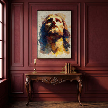 Watercolor Portrait of Jesus Christ Canvas Wall Art in dark walnut floating frame