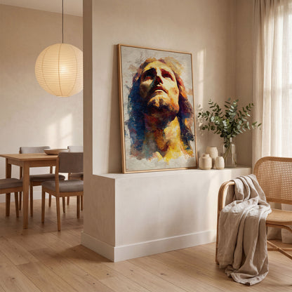 Watercolor Portrait of Jesus Christ Canvas Wall Art in white oak floating frame